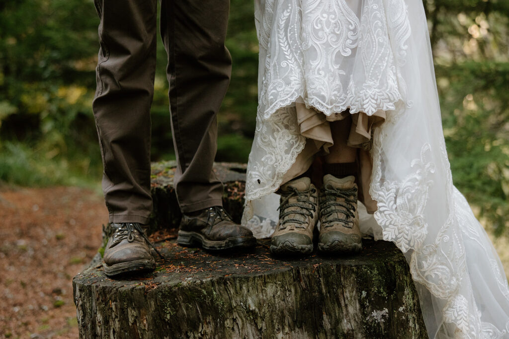 Couple standing on tree stump