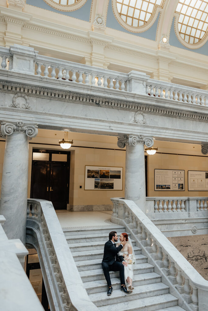 Bride and groom in the rotunda of the Utah State Capitol 