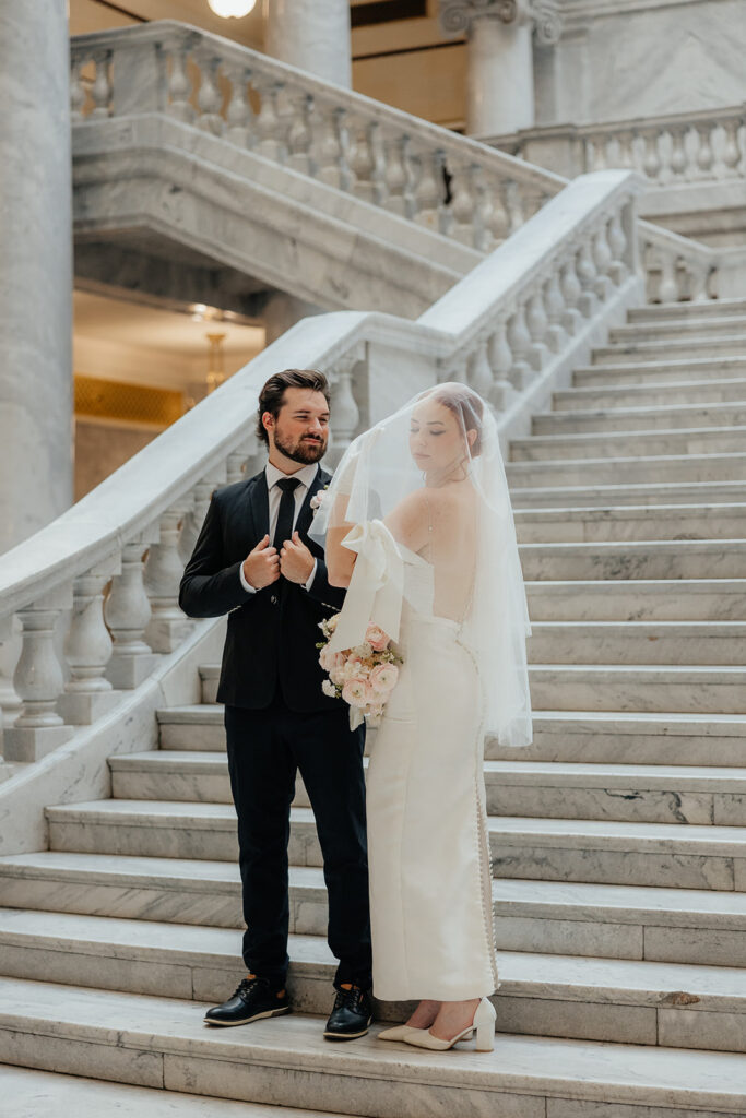 Bride and groom in the rotunda of the Utah State Capitol 