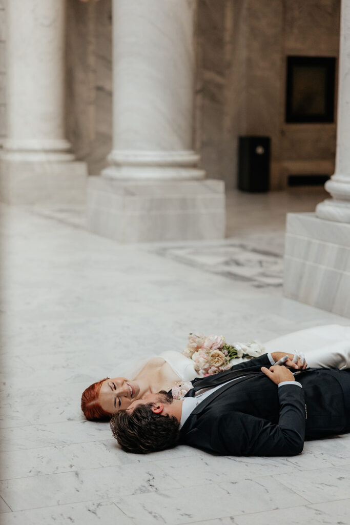 Bride and groom in the rotunda of the Utah State Capitol 