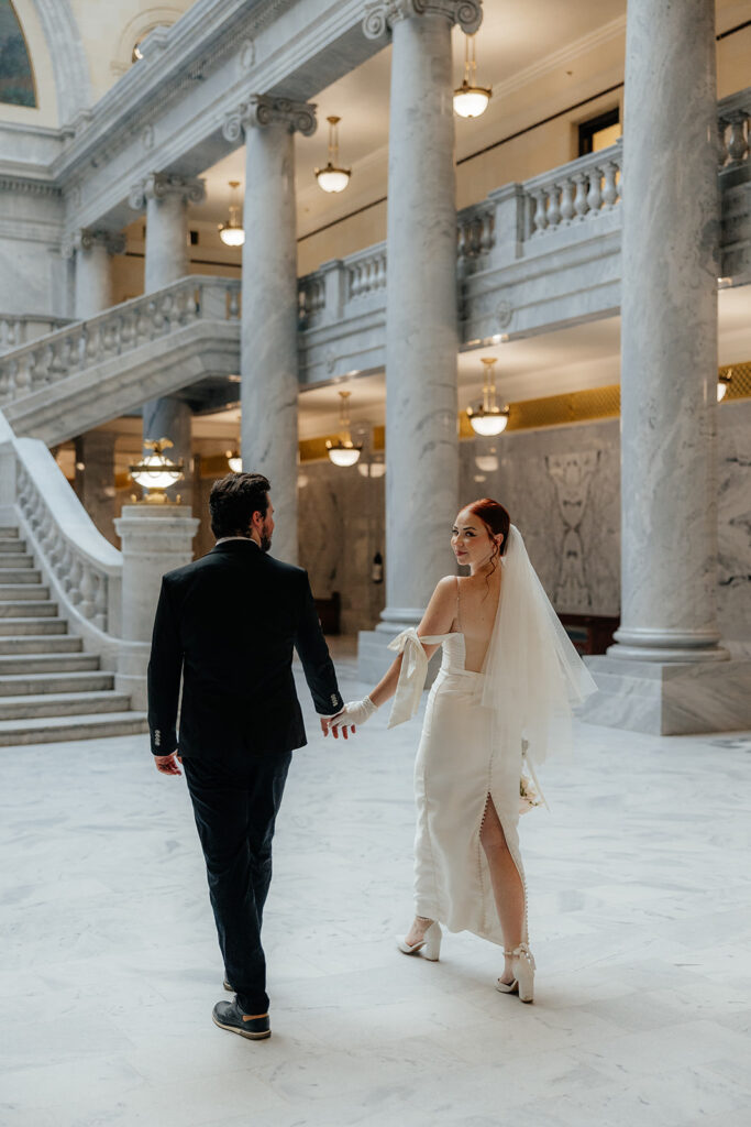 Bride and groom in the rotunda of the Utah State Capitol 